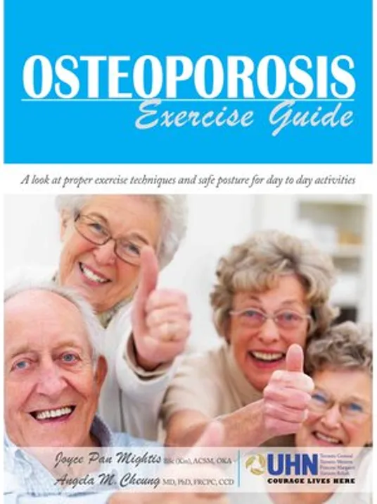Cover of an "OSTEOPOROSIS Exercise Guide" featuring four smiling older adults giving thumbs-up gestures, with the subtitle "A look at proper exercise techniques and safe posture for day to day activities."